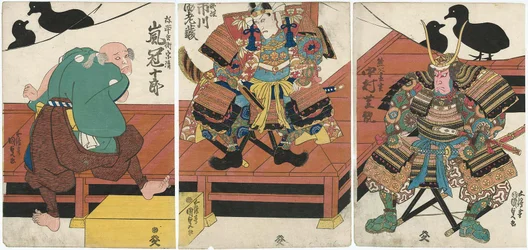 Schauspieler Nakamura Shikan II als Kumagai Naozane, Ichikawa Ebizo V als Minamoto no Yoshitsune und Arashi Kanjuro I als Yahei Hyoe Munekiyo